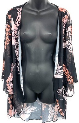 NEW Women's 2B Desired Kimono Swim Cover Up Black Pink Mesh Open Floral 2XL 3XL