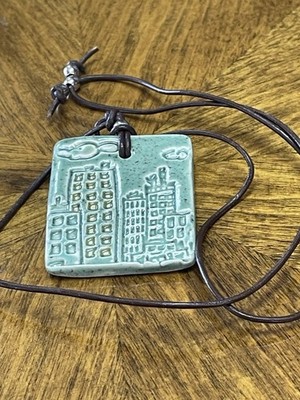 Jules Signed Artisan Studio Pottery Cityscape Pendant Necklace. Handmade