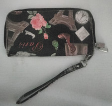 Black Floral Paris Print Wristlet Wallet, Zip...
