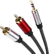 3.5mm to 2RCA Cable,15FT RC A Male 15ft/5M, Black and gray two-tone weave
