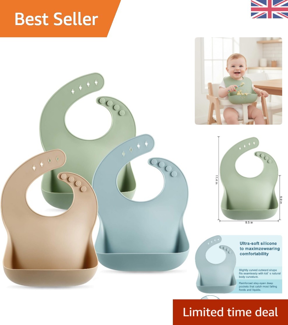 3 Pack Waterproof Silicone Baby Bibs with Adjustable Closure - Keeps Mess at Bay