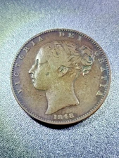 1848 Great Britain, UK, United Kingdom, Farthing, Plain, Victoria