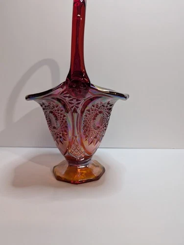 Vintage Fenton 70’s Red Orange Iridescent Carnival Glass Basket EUC Gorgeous