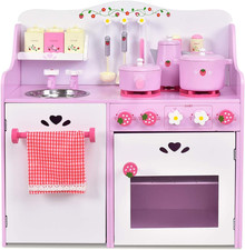 Pink Kids Kitchen Playset, Wooden Pretend Play Kitchen for Toddlers, 13 Pcs Cook