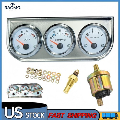 #ad 2#x27;#x27; 52mm Chrome Triple 3 in 1 Gauge Set Water Temp Oil Pressure Volt Meter Panel $31.99