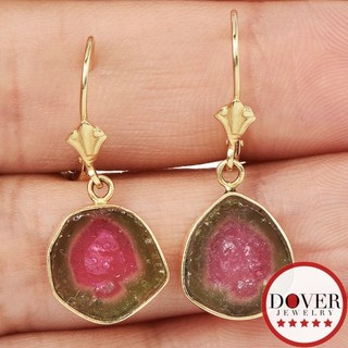 Estate Watermelon Tourmaline 14K Yellow Gold Dangle Earrings 3.2 Grams NR