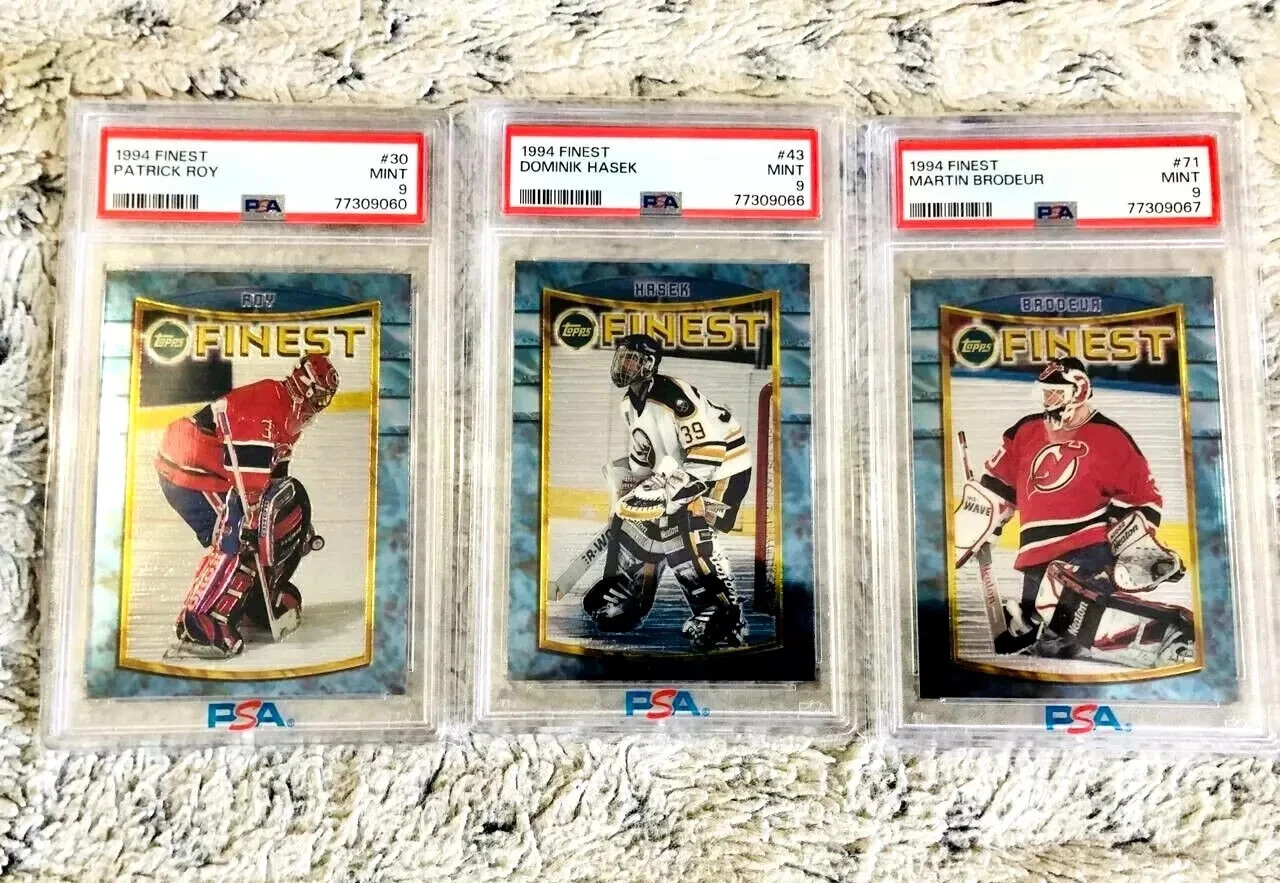 1994 TOPPS FINEST PATRICK ROY #30 + DOMINIK HASEK #43 + MARTIN BRODEUR #71 PSA 9