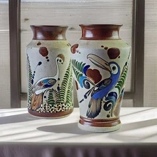 Mexican Tonala Pottery Folk Art Vase Set, Signed Mateos, Bird/Butterfly 9" H