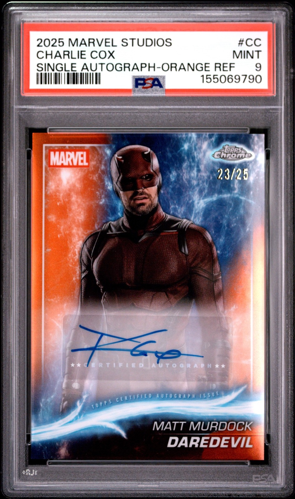 2025 Topps Marvel Studios Chrome Charlie Cox Daredevil Auto Orange 23/25 PSA 9
