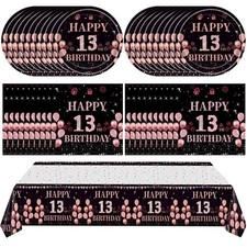 41 PCS Rose Gold 13th Birthday Tableware Party Kit Tablecloth Plates Napkins