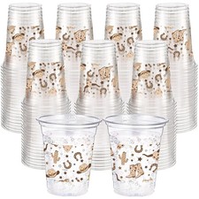 100 Pcs Western Plastic Cups 12 oz Clear Disposable Plastic Cowboy Cowgirl Dr...