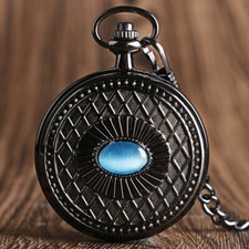Cool Black Blue Stone Unisex Hand-winding Mechanical Pocket Watch Pendant Chain