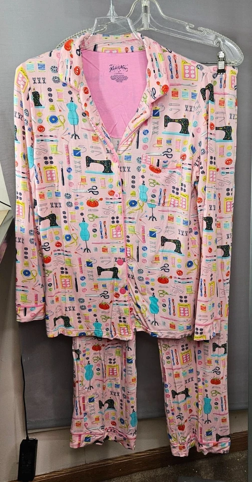 Pijama feminino Nick & Nora PJs M rosa mistura modal costura artesanato 2 peças - Imagem 3 de 4