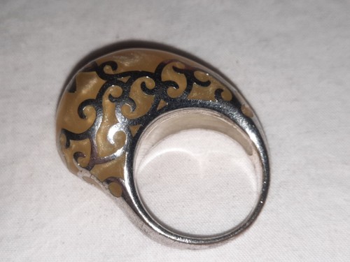 Chunky Dragonfly Creme Marble Resin Lucite Oval Dome Silver Statement Ring 6 1/2 - Picture 11 of 15