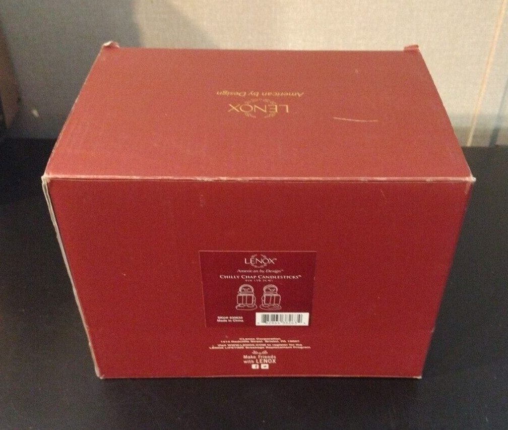 Lenox &ldquo;CHILLY CHAPS&rdquo; Taper Candlesticks - Penguins Holding Gifts - Mint In Box