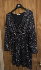 Oasis Blue Sequin Shift Dress Party Size S Long Sleeve Sparkly Faux Wrap V-Neck