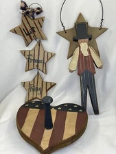 Set of 3 Patriotic 4th of July Wooden Home Decor Uncle Sam Star Banner Heart Peg