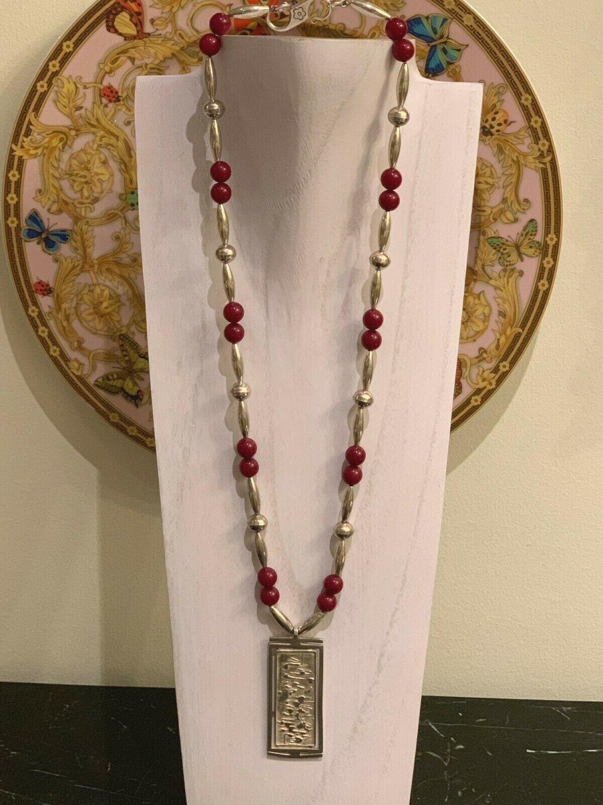 Vintage Navajo Red Blossom and Bench Beads Necklace with Sterling 925 Pendant