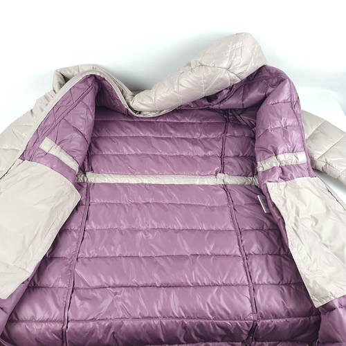 Kenneth Cole Womens Puffer Jacket Quilted Hooded Coat L Large Cinch Waist Beige - Picture 12 of 18