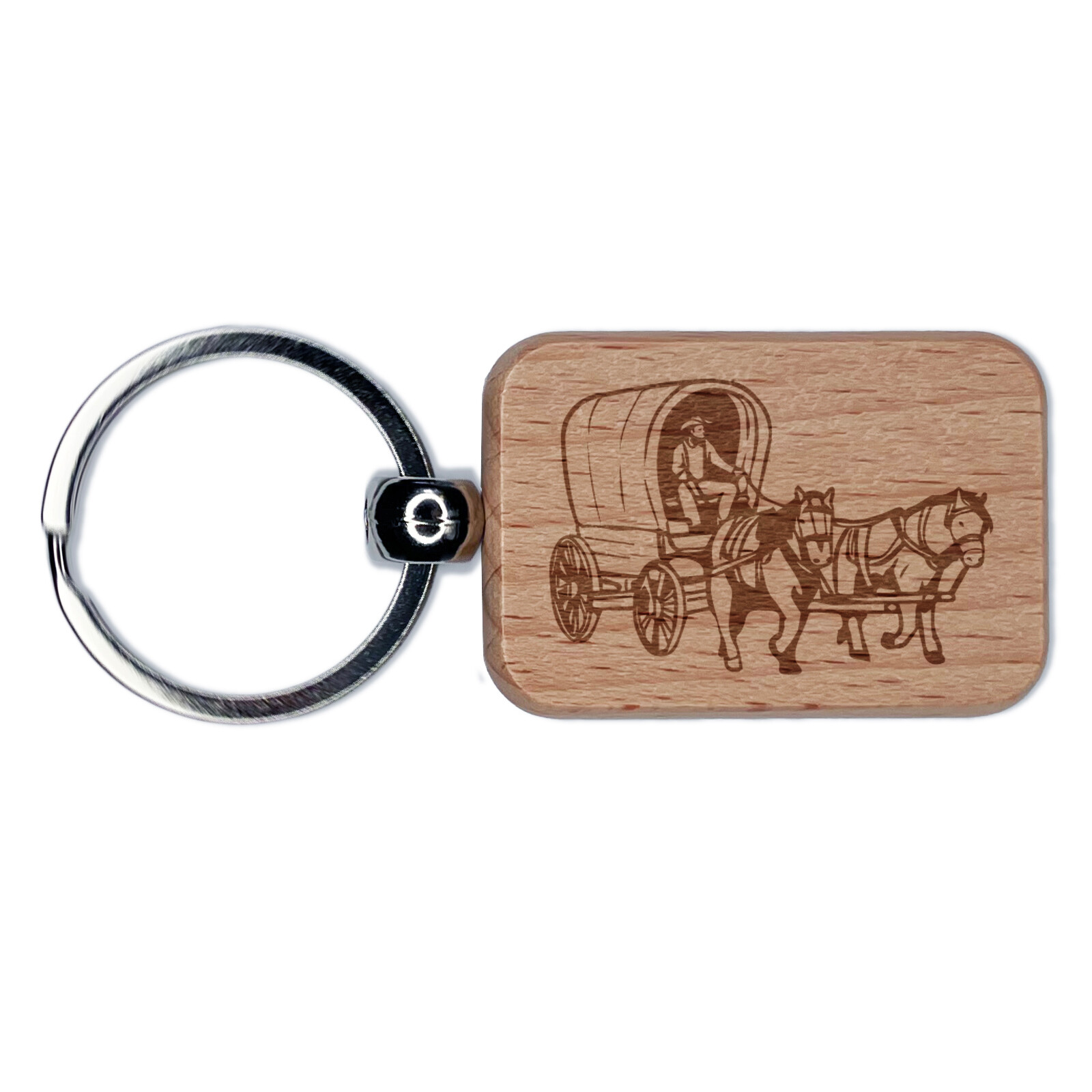 Western Wagon Cowboy Horses Oregon Trail Engraved Wooden Keychain