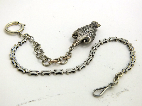 Vintage 10 3/4" Nickel Silver Pocket Watch Chain w/"Aladin" Lamp hanging Fob - Picture 3 of 10