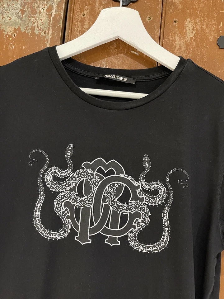 Top para mujer Roberto Cavalli talla XL algodón negro cuello redondo manga corta Foto 4 de 4