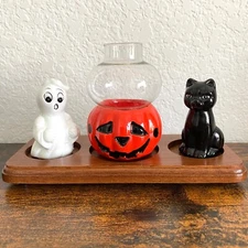 JSNY Halloween Ghost Black Cat Salt Pepper Set Pumpkin Candle Holder Wood Tray