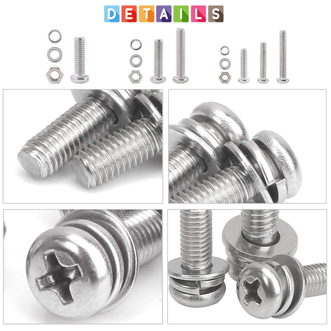 510Pcs M4 M5 M6 Phillips Pan Head Machine Screws Assortment Kit 6