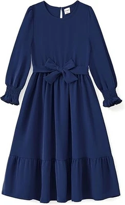 Robe Élégante Fille Vintage Bleu Marine 3-4 Ans, Style Classique Unie en Polyest - Photo 1/4