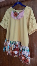 Upcycled Lagenlook Eyelet T-Shirt W/Tie Dyed Ruffles and Vintage Flower Pin Sz L