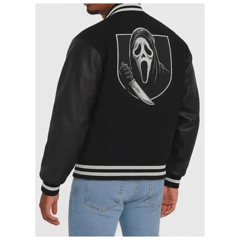 Scream Men’s Ghost Face Jacket Wool Leather Horror Varsity Bomber Letterman Coat image 2