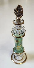 Vintage Egyptian Hand Blown Green Etched Glass Perfume Bottle Gold Trim 6"
