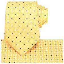 Mens Checkered Tie Set Solid Color Festive Necktie Pocket Square Gold Yellow