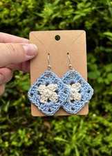 Handcrafted Crochet Square Dangle Earrings Blue Cream Cotton