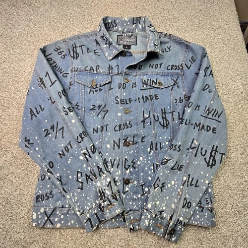 Brooklyn Cloth Jacket Mens Large Blue Denim Graffiti Hustle Streetwear Button Up - product listing photo