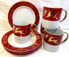 Set 4 Salad Plates & 4 Mugs ~ The Cellar Reindeer Christmas Holiday Macy's 1994