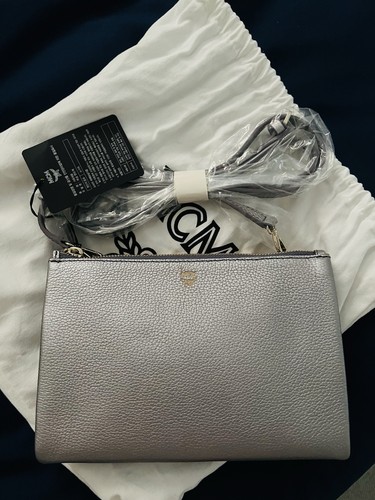 New MCM Milla Double Zip Cross Body Bag Silver