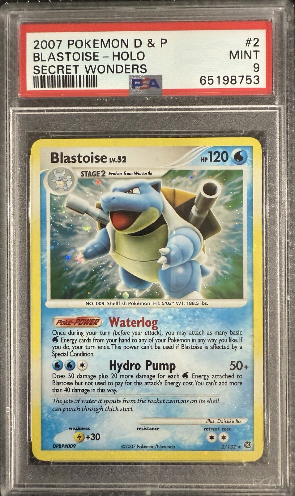 Blastoise Holo #2/132 - 2007 Pokemon Diamond & Pearl Secret Wonders - PSA 9