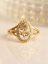 Gold Rose Flower Filigree Ring For Women Size 5 6 7 8 9 10 11