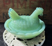 Jadeite green glass hen on a nest salt cellar