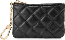 Quilted Leather Coin Purse with Keychain - Small Pouch Key Black 