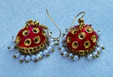 Indian Jhumka Earrings Red Enamel Gold Tone Dangle Pearl Bollywood Bridal