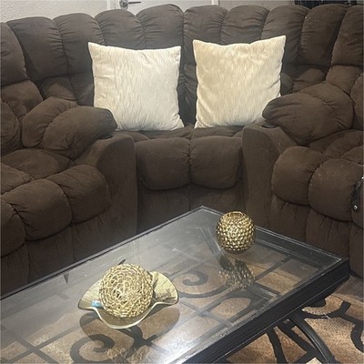 Brown Sectional Sofa, Tufted Back, Pillow Top Arms, Cushions, Wood Frame