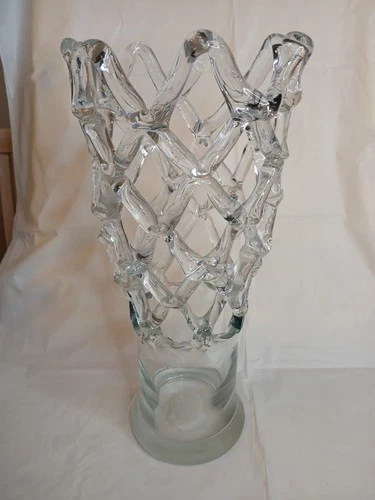 Italian Open Lace Lattice Clear Art Glass Vase Murano Style 14.75"H Vintage