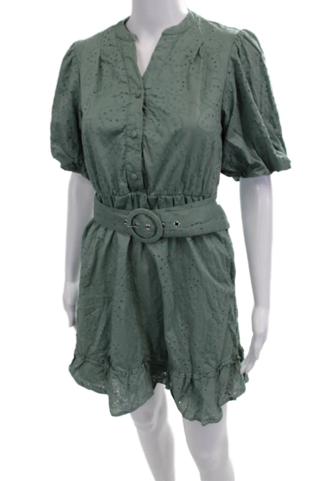 Vestido Camisa Joie Mujer Mini Verde Cuello Alto Manga Corta Algodón Talla 2 Foto 2 de 4