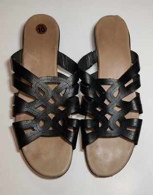 Munro American Womens 10N Black Leather Strappy Wedge Sandals Comfort USA Made