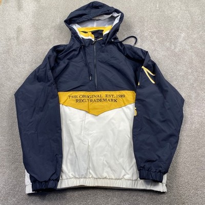 Karl Kani Windbreaker Jacket Mens XL Navy White Yellow Colorblock 1/4 Zip Hood