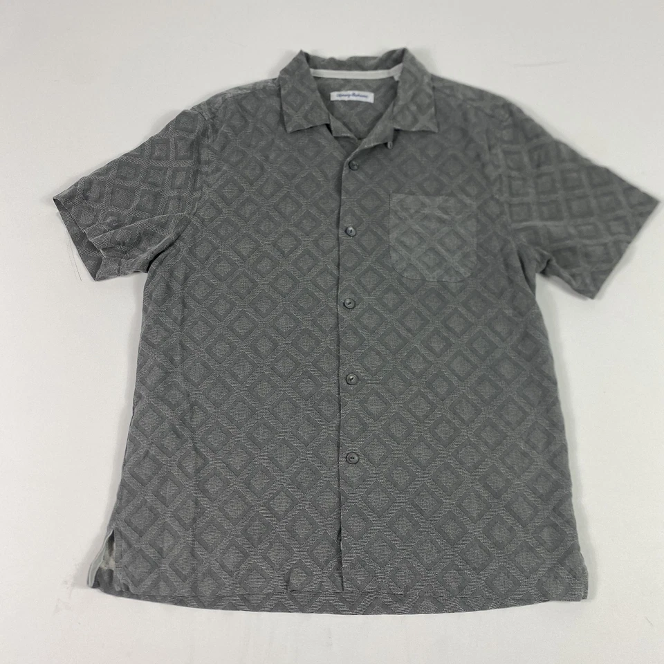 Camisa Tommy Bahama Para Hombre Gris Mediana Geométrica Jacquard Campamento Botón Bolsillo Frontal Foto 2 de 4