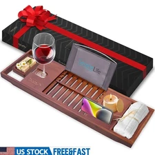 Natural Bamboo Bathtub Caddy Adjustable Tray W/ Wine Holder Phone Organizer New