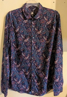 Pretty Green Shirt Mens Medium Blue Slim Fit Paisley Psychedelic Mods Liam